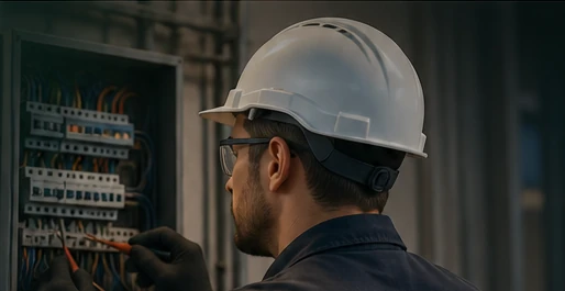 Profissional realizando avaliação em quadro de distribuição elétrica